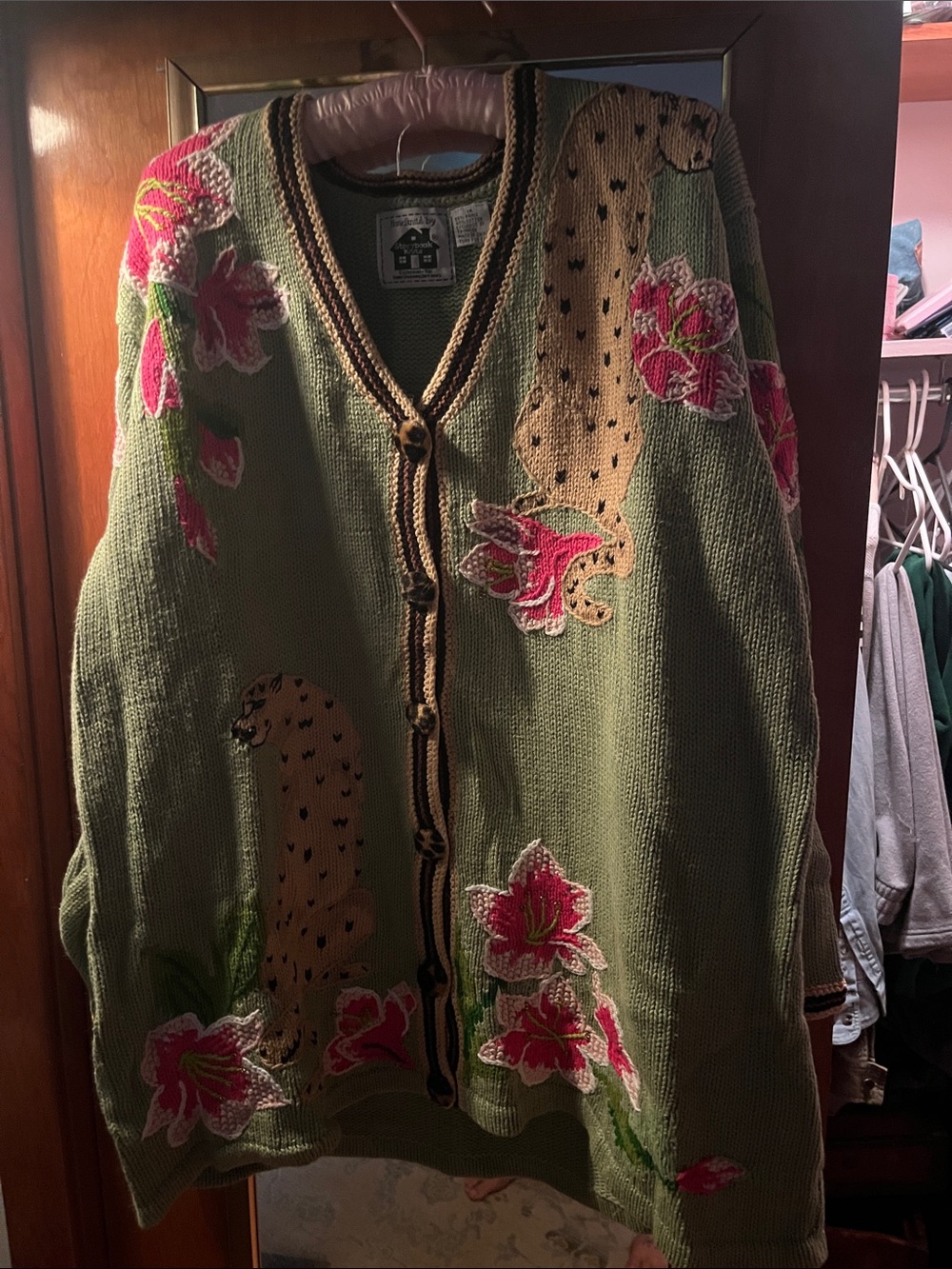 Storybook Knits Olive Green Cardigan with Pink Floral Embroidery